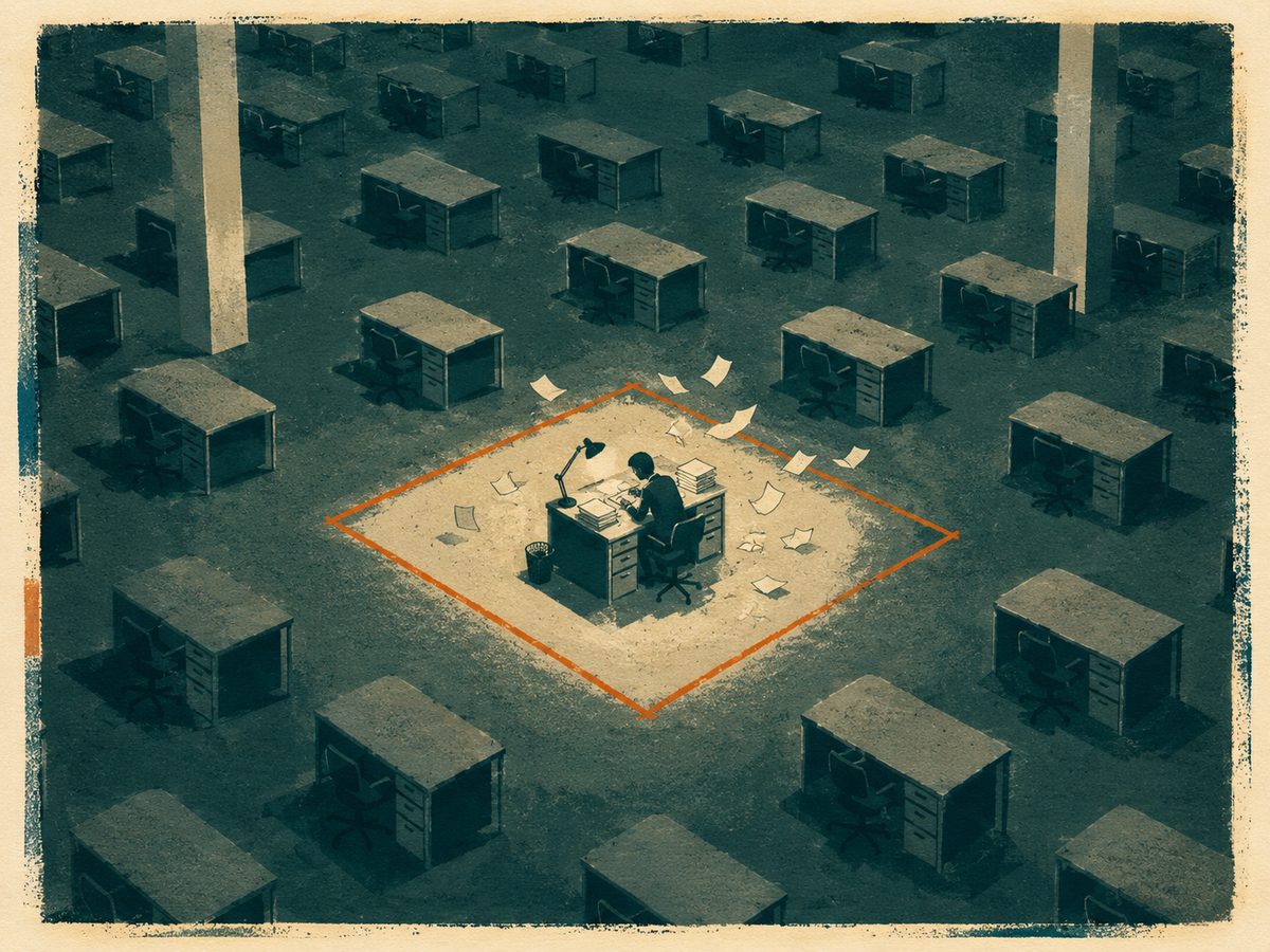 A lone worker at a lit desk inside an orange boundary, surrounded by rows of empty desks in the dark.